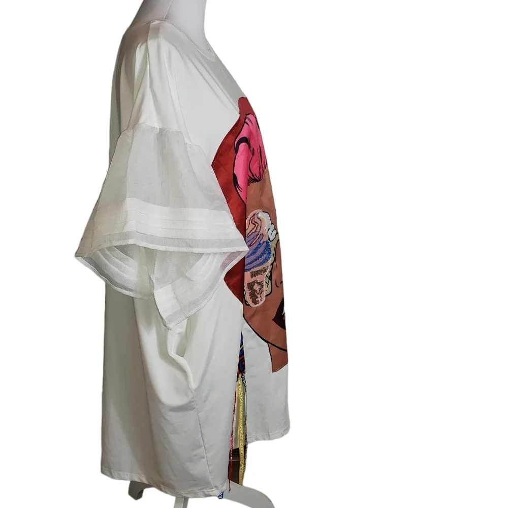 Novelty Print Sequin T-Shirt Mini Dress Size 2X ? Ice Cream Tassels Bell Sleeve - Picture 4 of 14